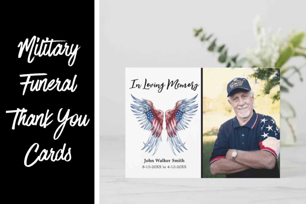 Patriotic Angel Wings Photo Military Funeral Thank You Cards
