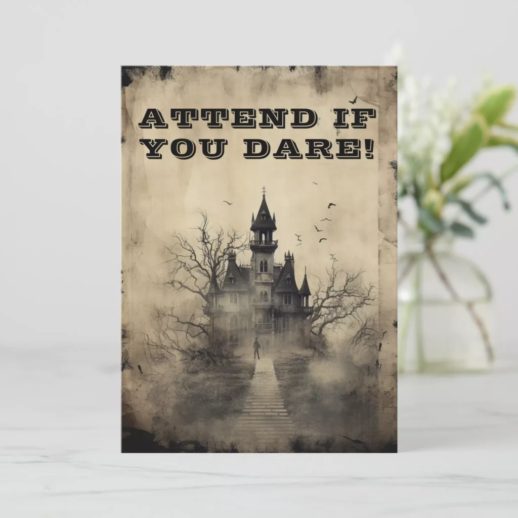 Creepy, looking Halloween invitation featuring a haunted mansion with a grunge textured look. It says attend if you dare on the front.