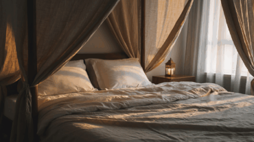 Romantic bedroom close up of bed